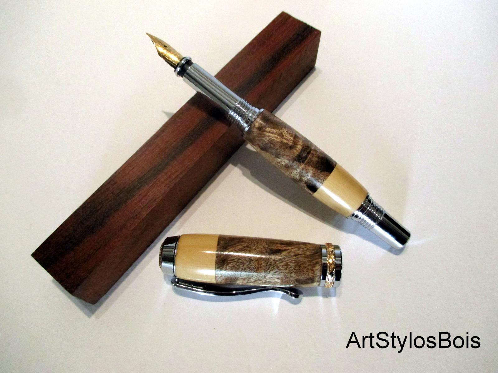 Stylo Plume en Loupe de Peuplier Stabilisé et Buis